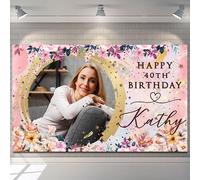 Happy Birthday Backdrop Background Banner Personalised flower pink girl woman children kids Poster Fabric Cloth Curtain Party balloon star Decorations-18th 20th 30th 40th 50th 60th