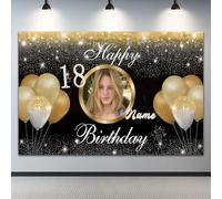 Happy Birthday Backdrop Background Black Gold Glitter, Custom Photo Name Age Drip Balloon Sparkle Milestone Happy Birthday Banner Man Woman kids children (300x180)