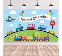 Happy Birthday Backdrop Banner,Xinvery Transportation Birthday Banner Automobile Train Airplane Car Bus Photography Background Photo Booth Banner Party Decorations Supplies for Kids180×110cm