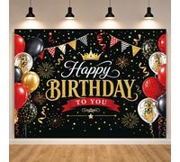 Happy Birthday Backdrop Black and Gold Red 10x8ft Large Polyester Banner for Men Women Crown Party Decoration Photography Background Photo Booth Props Signs