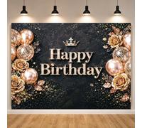Happy Birthday Backdrop Black Gold 10x8ft Large Polyester Banner for Men Women Crown Party Decoration Rose Flower Balloons Photography Background Photo Booth Props Signs