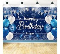 Happy Birthday Backdrop - Navy Blue & Silver Glitter Birthday Party Decoration Background