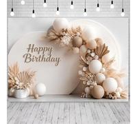 Happy Birthday Backdrop Neutral Earth Tone Minimalist Nude Beige Balloon Arch Pampas Grass Dry Palm Leaf Photography Background Boho Photo Booth Decor Banner for Women Kids Birthday Party，B：7 * 5FT