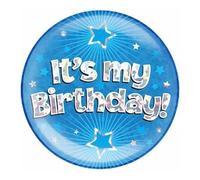 Happy Birthday Badge It's My Birthday Blue And Silver Stars Holographic Recyclable Birthday Party Badge OTB