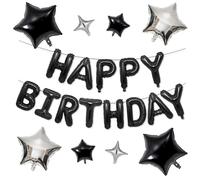 Happy Birthday Balloon Banner, Black Happy Birthday Foil Balloons 16 Inch Foil Letter Balloon with 8 Pcs Black Silver Star Balloons for Women Men Boys Girls Black Party Decorations