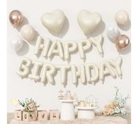 Happy Birthday Balloon Banner Cream, 16 Inch Beige Mylar Letters Heart Foil Balloons Pearl White Sand White Metallic Champagne Gold Balloons Boho Neutral Birthday Decorations for Girls Women Boy Men
