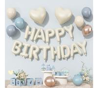 Happy Birthday Balloon Banner Cream Blue, 16 Inch Beige Mylar Letters Heart Foil Dusty Slate Blue White Sand Metallic Champagne Gold Balloons Boho Neutral Birthday Decorations for Girls Women Boy Men