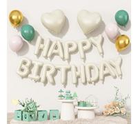 Happy Birthday Balloon Banner Cream Green, 16 Inch Beige Mylar Letters Heart Foil Balloons Sage Olive Green Ivory Metallic Gold Balloons Boho Neutral Birthday Decorations for Girls Women Boy Men