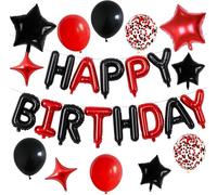 Happy Birthday Balloon Banner Kit in Red and Black - 30-Piece Mylar Foil Letter Balloons with Decorative Stars and Confetti Dots for Wall or Ceiling Party Decorations, Includes Ribbon and Adhesive