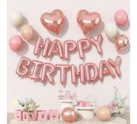 Happy Birthday Balloon Banner Rose Gold, 16 Inch Mylar Letters Rose Gold Heart Foil Balloons Dusty Blush Pink Nude Beige Metallic Ivory Balloons Boho Neutral Birthday Decorations for Girls Women