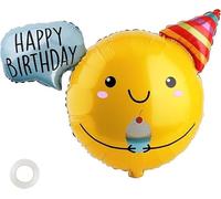 Happy Birthday Balloon, Birthday Decorations for Kids, 30 Inch Foil Balloon Party Supplies with Ribbon, Photo Backdrop, Yellow Smiley Face Design, 1 Pack