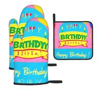 Happy Birthday Balloon Oven Mitts And Trivet Set Of Three, &Non-Slip And Heat-Resistant To 180°c, Ideal For Cooking.