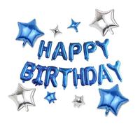 Happy Birthday Balloons Banner, Blue HBD Foil Balloon 16 Inch Mylar Foil Letter Balloon with 8 Pcs Blue Silver Star Balloons for Women Men Girls Boys Blue Birthday Party Decorations
