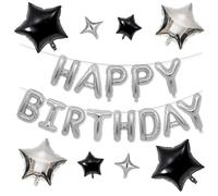 Happy Birthday Balloons Banner, Silver Happy Birthday Foil Balloon 16 Inch Foil Letter Balloons with 8 Pcs Black Star Balloon for Women Men Boys Girls Silver Party Decorations