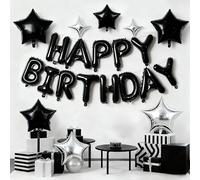 Happy Birthday Balloons, Black and Silver Balloon, Black Birthday Decorations - 16 Inch Mylar Foil Letter Banner Set with 8 Star Balloons, Ribbon & Straws, Reusable Party Decor for Adults