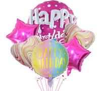 Happy Birthday Balloons - Premium Pink and Red Foil Balloon Set for Adults Party Decorations - Includes 22 Inch Letter Balloon, Star Balloons and Ribbon (6 Piece Kit)