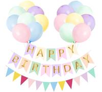 Happy Birthday Banner and Bunting, Pastel Happy Birthday Decorations, 16pcs 12 inch Macaron Pink Blue Yellow Green Purple Balloons Helium Balloon with White Ribbon for Girls Birthday Party Decorations
