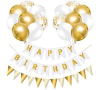 Happy Birthday Banner and Bunting, White Gold Happy Birthday Decorations, 16pcs 12 inch White Gold Confetti Balloons Helium Balloon with Gold Ribbon for Men Women Girls Boys Birthday Party Decorations