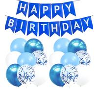 Happy Birthday Banner Balloons, 16pcs Blue Happy Birthday Banner with Metallic Blue, White & Confetti Balloons, Ribbon, For Birthdays Party Decoration