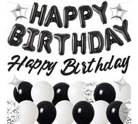Happy Birthday Banner Balloons Decorations - Black Happy Birthday Foil Letter Balloons for Boys Men, Star and Confetti Latex Balloon for Kids Adults Party Decoration Supplies