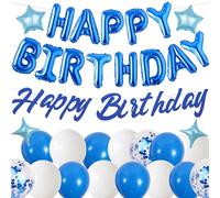 Happy Birthday Banner Balloons Decorations - Blue Happy Birthday Foil Letter Balloons for Boys Men, Star and Confetti Latex Balloon for Kids Adults Party Decoration Supplies