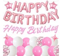Happy Birthday Banner Balloons Decorations - Pink Happy Birthday Foil Letter Balloons for Girls Women, Star and Confetti Latex Balloon for Kids Adults Party Decoration Supplies