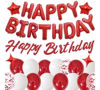 Happy Birthday Banner Balloons Decorations - Red Happy Birthday Foil Letter Balloons for Girls Women, Star and Confetti Latex Balloon for Kids Adults Party Decoration Supplies