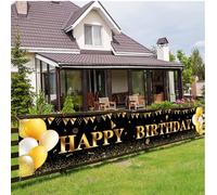 Happy Birthday Banner,Birthday Decoration Black Gold,Party Backdrop Banner Fabric Banner.for Girl Boy Birthday Photo Backdrop,Photography Background,Outdoor Yard Garden Table Wall Decor Party Supplies