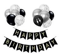 Happy Birthday Banner, Black and silver Birthday Decoration 12 inch Happy Birthday Balloons, Ribbons and Birthday Banners, Happy Birthday Decorations(Black&silver)