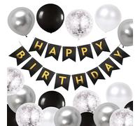 Happy Birthday Banner, Black and silver Birthday Decoration 16pcs Happy Birthday Balloons, Ribbons and Birthday Banners, Happy Birthday Decorations（Black&silver)
