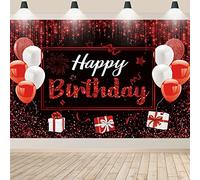 Happy Birthday Banner, Black Red Glitter Birthday Party Decoration, Photo Background for Women, Girls & Men, 180x120cm