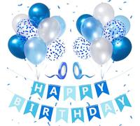 Happy Birthday Banner, Blue White Birthday Decoration with 12 Inch Metallic Blue Latex Confetti Balloons, birthday Party Decorations for Boys Men