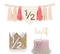 Happy Birthday Banner Decoration for Girls Boys Beige Half Birthday Highchair Banner First with 1/2Birthday Hat Gold Half Birthday Cake Topper for Kids 1/2 Years Old (Size5)