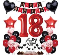 Happy Birthday Banner & Decoration Set for 18th Birthday - Girl, Boy, Red, Black, Number 18 Party