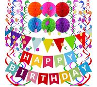 Happy Birthday Banner Decorations Set - Colorful Paper Flags, Paper Circles, Confetti, Flower Garlands, Swirl Streamers & Honeycomb Balls for Birthday Party Supplies