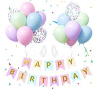 Happy Birthday Banner, Pastel Rainbow Birthday Decoration with 12 Inch Colorful Latex Confetti Balloons, Birthday Party Decorations for Girls Women Boys Men