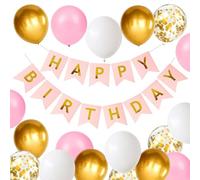 Happy Birthday Banner, Pink and Gold Birthday Decoration 16pcs Happy Birthday Balloons, Ribbons and Birthday Banners, Happy Birthday Decorations（Gold&Pink)
