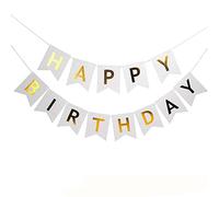 Happy Birthday Banner,White and Gold Birthday Bunting Banner Set for Girls Boys 1st 18th 21st 30th Any Ages Birthday Party Decorations