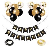 Happy Birthday Banner with 15 Pcs 12 inch Latex Happy Birthday Balloons and 2 Ribbons,Black and Gold Birthday decoration Perfect for Birthday Party