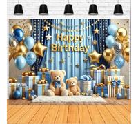 Happy Birthday Bear Baby Backdrop for Photography Moon Stars Cloud Bear Backdrop Balloon Gift with Blue Background Baby Shower Party Supplies Boy Kids Portrait Photo Shoot Studio Props (A, 7x5feet)