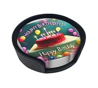 Happy Birthday Beautiful Round Leather Coasters Set of 6 - Coasters for Drinks with Holder (3.9 Inch) for Home Kitchen
