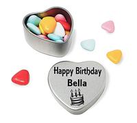 Happy Birthday Bella Mini Silver Heart Shaped Tin Gift filled with chocolates Great Birthday present for Bella Show somebody you are thinking of them