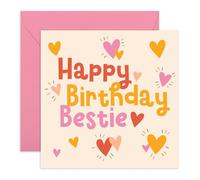 Happy Birthday Bestie Card - Cute Colourful Hearts - Fun and Playful Card for Friend, BFF, Soul Sister, Roommate, She, Her, Girls, Women, Ladies, Girlfriend - Comes with Stickers