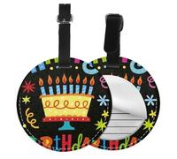 Happy Birthday Big Cake Print Luggage Tag Round Leather Luggage Tag Easy Identification & Privacy Protection for Suitcases Easy to Identify Privacy Cover Id Label