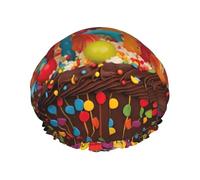 Happy Birthday Big Cake Shower Cap for Women Double Layers Thick Hair Caps Reusable Waterproof Bath Caps with Elastic Band Hair Hat Washable Shower Hat for Men Women Spa Salon