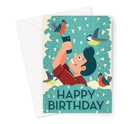 Happy Birthday Bird Watching Greeting Card | Man Looking at Bird Through Binoculars Happy Birthday Card, Hobby Birthday Card for Birdwatcher