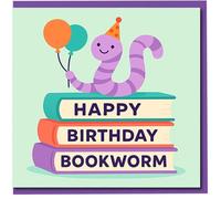 Happy Birthday Bookworm Card - Cute Party Hat Worm with Balloons on Stacked Books - Birthday Card for Book Lovers, Readers, Kids & Adults