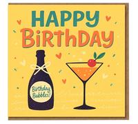 Happy Birthday Bubbles Champagne Bottle & Cocktail Card - Fun Celebration Design with 'HAPPY BIRTHDAY'