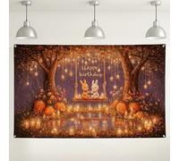 Happy Birthday Bunnies Wall Backdrop, Fanciful Fall Forest Theme Party Decorations, Cozy Indoor/Outdoor Photography Background for Birthday Celebrations 71x43 Inch