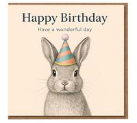 Happy Birthday Bunny Card - Cute Illustrated Rabbit in Party Hat, 'Have a wonderful day'